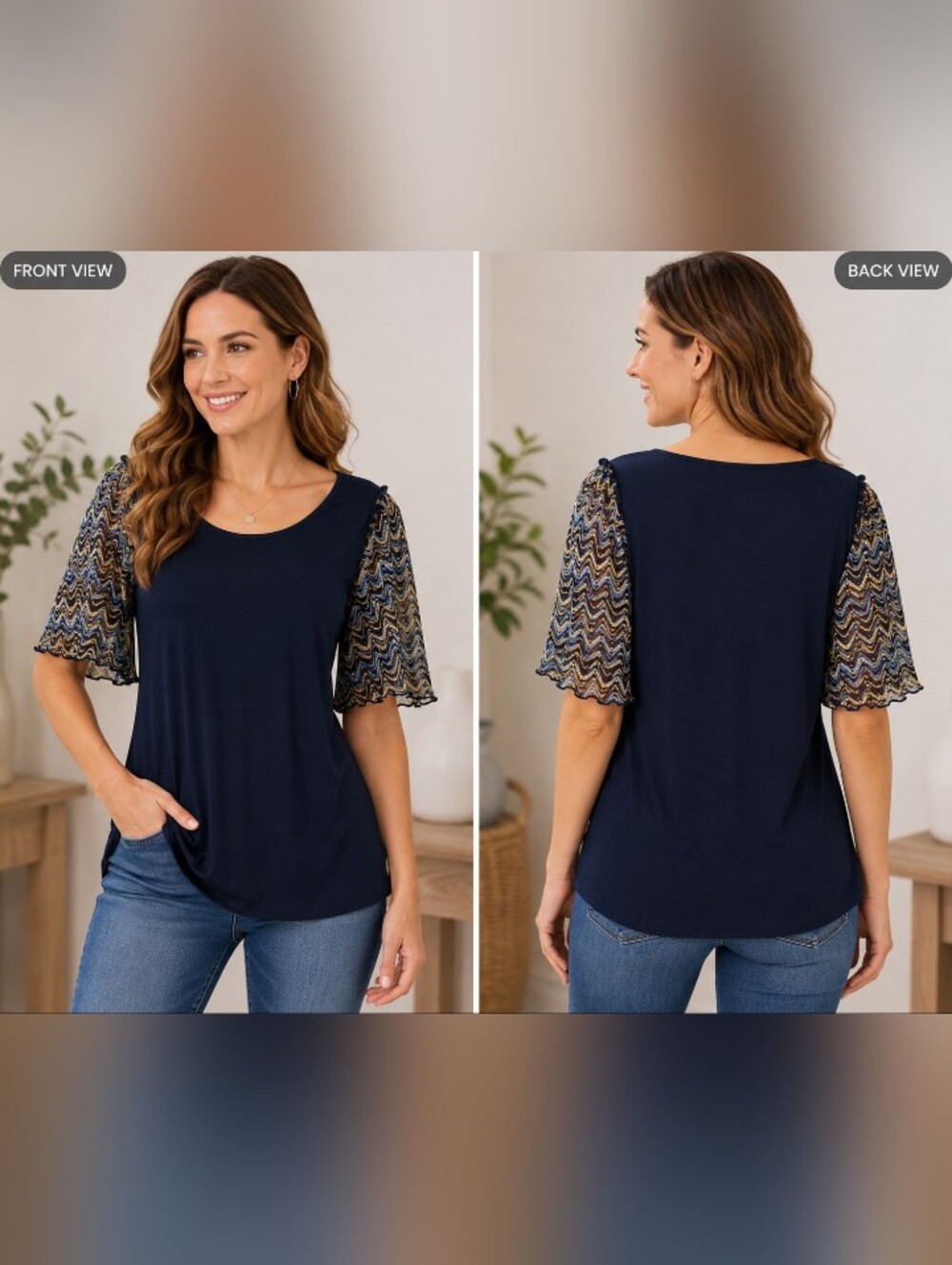 navy blue top sheer zig zag flutter sleeves stretch blouse womens large boho  l